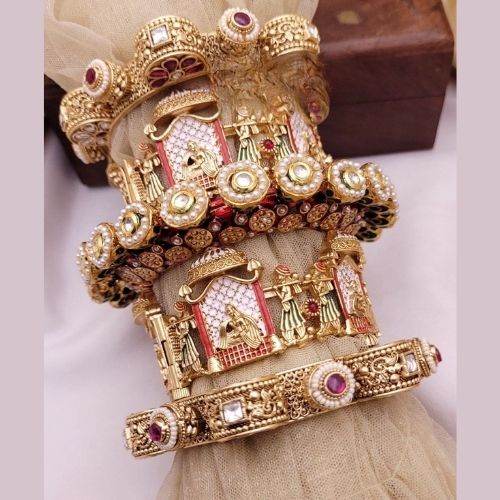 Antique Gold Palki Motif Bridal Chuda Bangles Set - Jouell