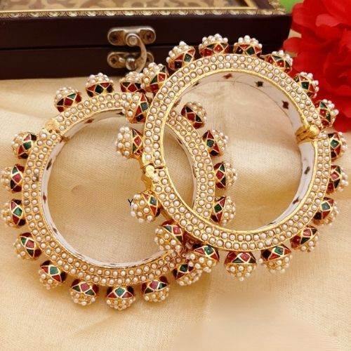 Gold & Multicolour Kundan Bridal Bangles with Pearls - Jouell