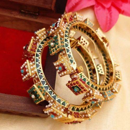 Gold Plated Multicolour Temple Design Rajwadi Bangles - Jouell