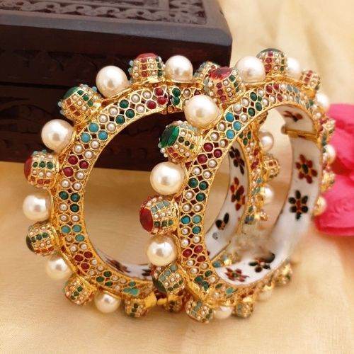 Multicolour Polki Pearl Bridal Bangles with Meenakari Work - Jouell