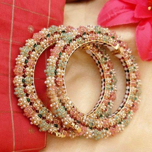 Pastel Pink & Green Pearl Beaded Gold Bangles Set - Jouell