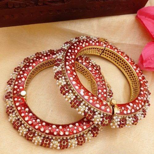 Red Kundan Pearl Wedding Bangles – Traditional Rajwadi Style - Jouell