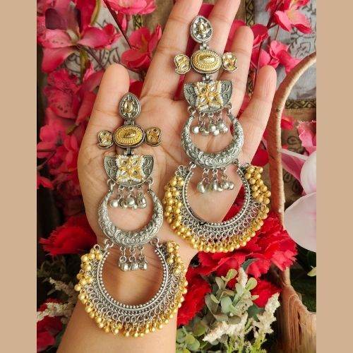 Oxidised Silver-Gold Jhumka Earrings with Yellow Beads - Jouell