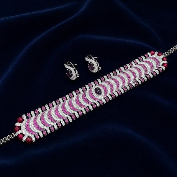 Ruby Pink American Diamond Bridal Choker Necklace Set