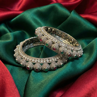 Silver Oxidised Red & Green Stone Antique Bangles Set