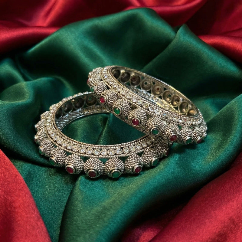 Silver Oxidised Red & Green Stone Antique Bangles Set
