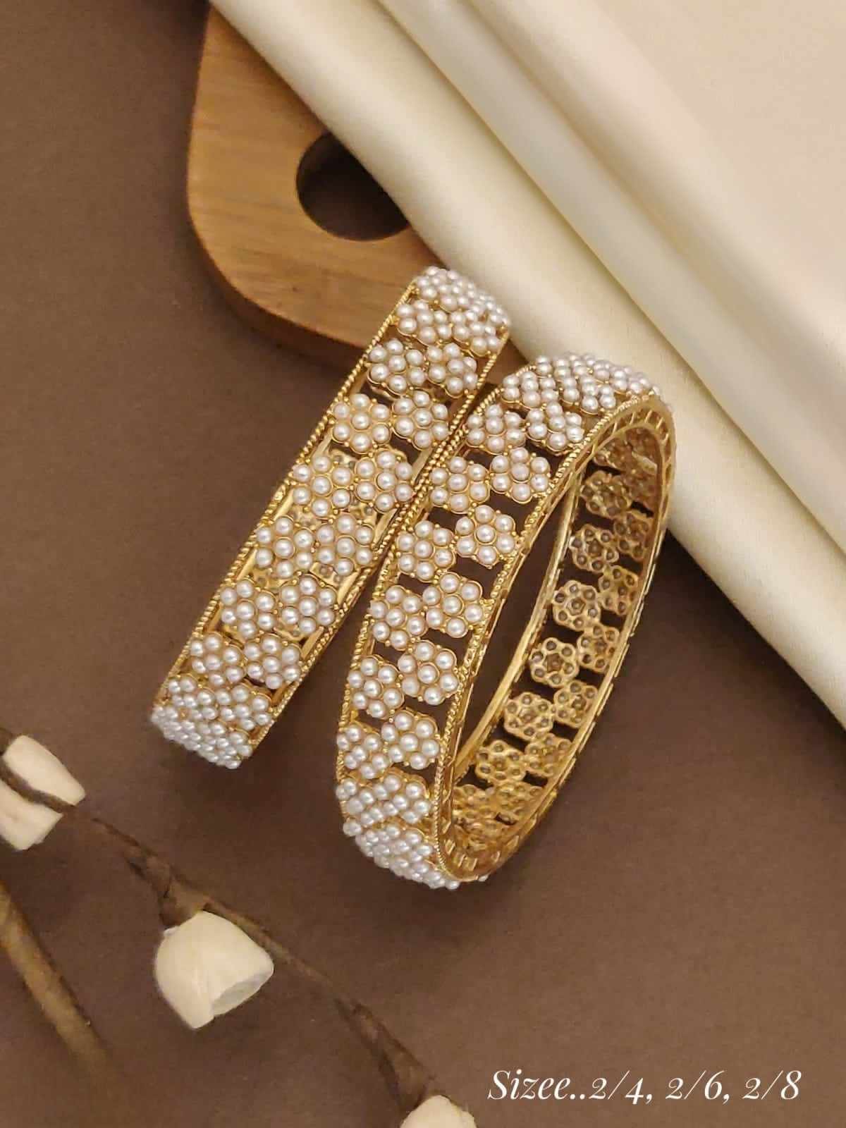 Gold Plated Pearl Cluster Bangles for Women – White & Gold