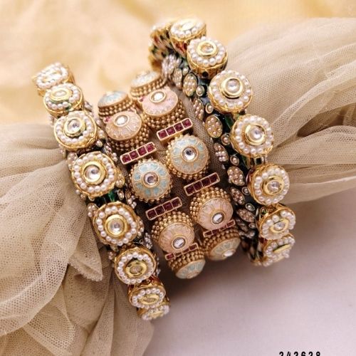 Golden Multi-Stone Bridal Chuda Bangles Set with Pearl Detailing