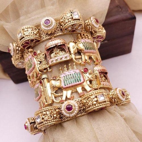 Grand Rajasthani Gold Chuda Bangles with Elephant Procession