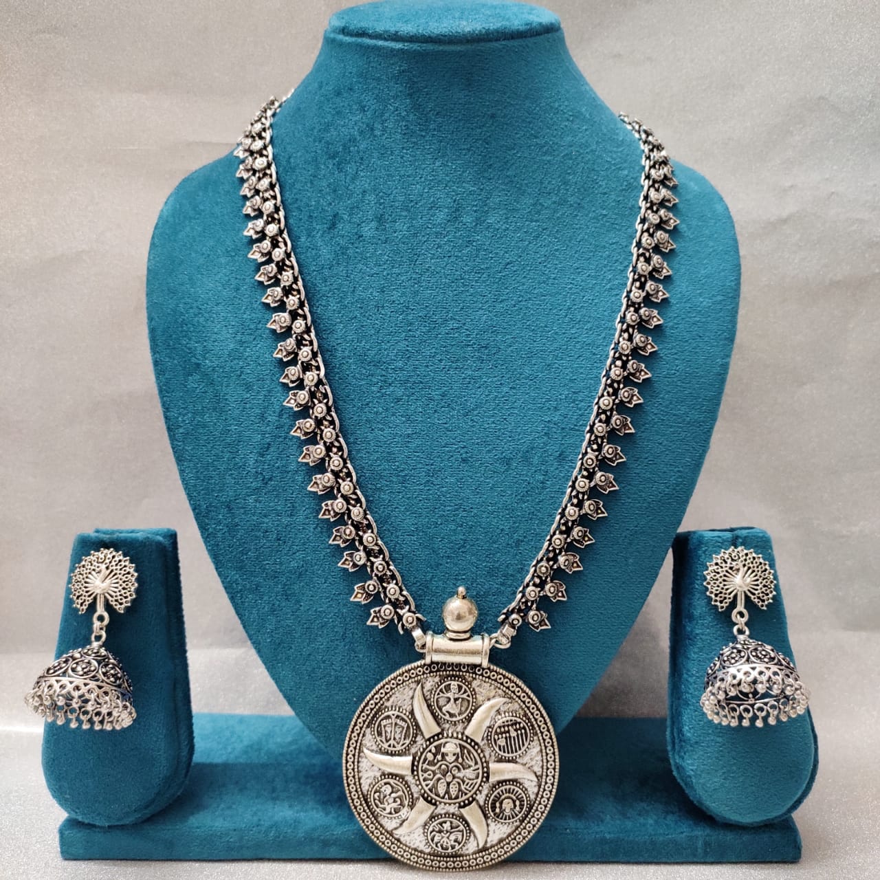 Heritage Coin Motif Oxidised Silver Necklace Set with Jhumkas