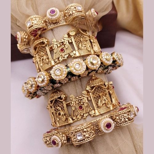 Antique Gold Bridal Chuda Bangles with Temple Motif and Pearls