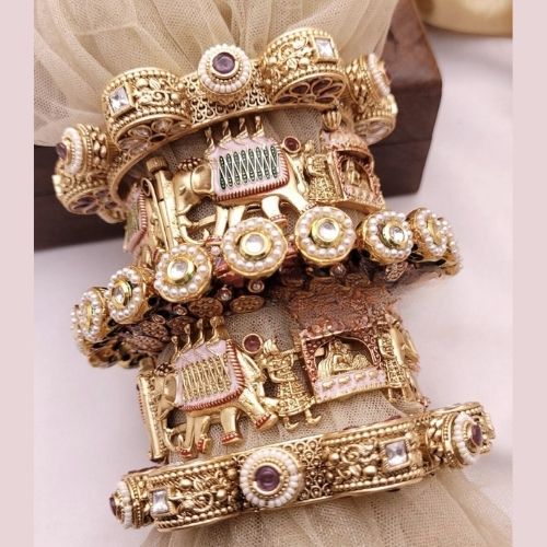 Royal Bridal Chuda Bangles in Antique Gold with Elephant Motifs
