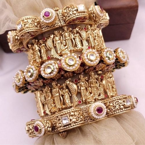 Temple Style Bridal Chuda Bangles in Antique Gold with Goddess Design
