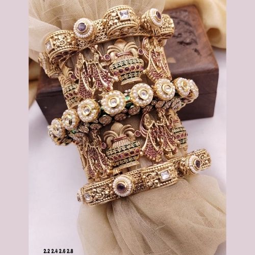 Antique Bridal Chuda Bangles with Lotus and Kundan Pearl Design