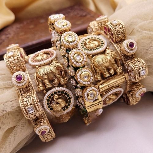 Antique Bridal Chuda Bangles with Elephant and Pearl Detailing
