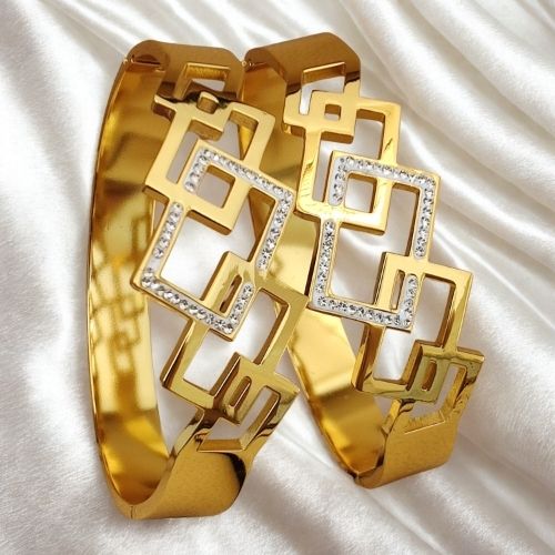 Geometric Cut Golden Bracelets for Women with Crystal Accent