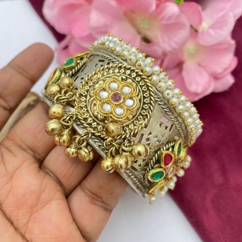 Gold-Silver Brass Kada Bracelet for Women with Pearls & Bells