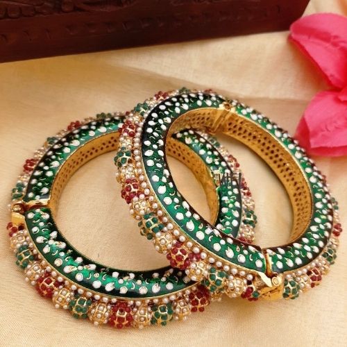 Green Kundan & Pearl Bangles for Women – Traditional Design