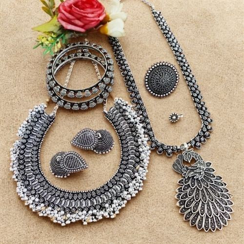 Premium Oxidised Silver Combo Set with Choker & Long Necklace