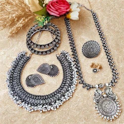 Premium Oxidised Silver Combo Set with Choker, Necklace & Bangles