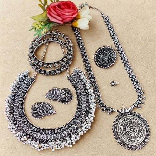 Oxidised Silver Jewellery Combo Set with Choker & Round Pendant