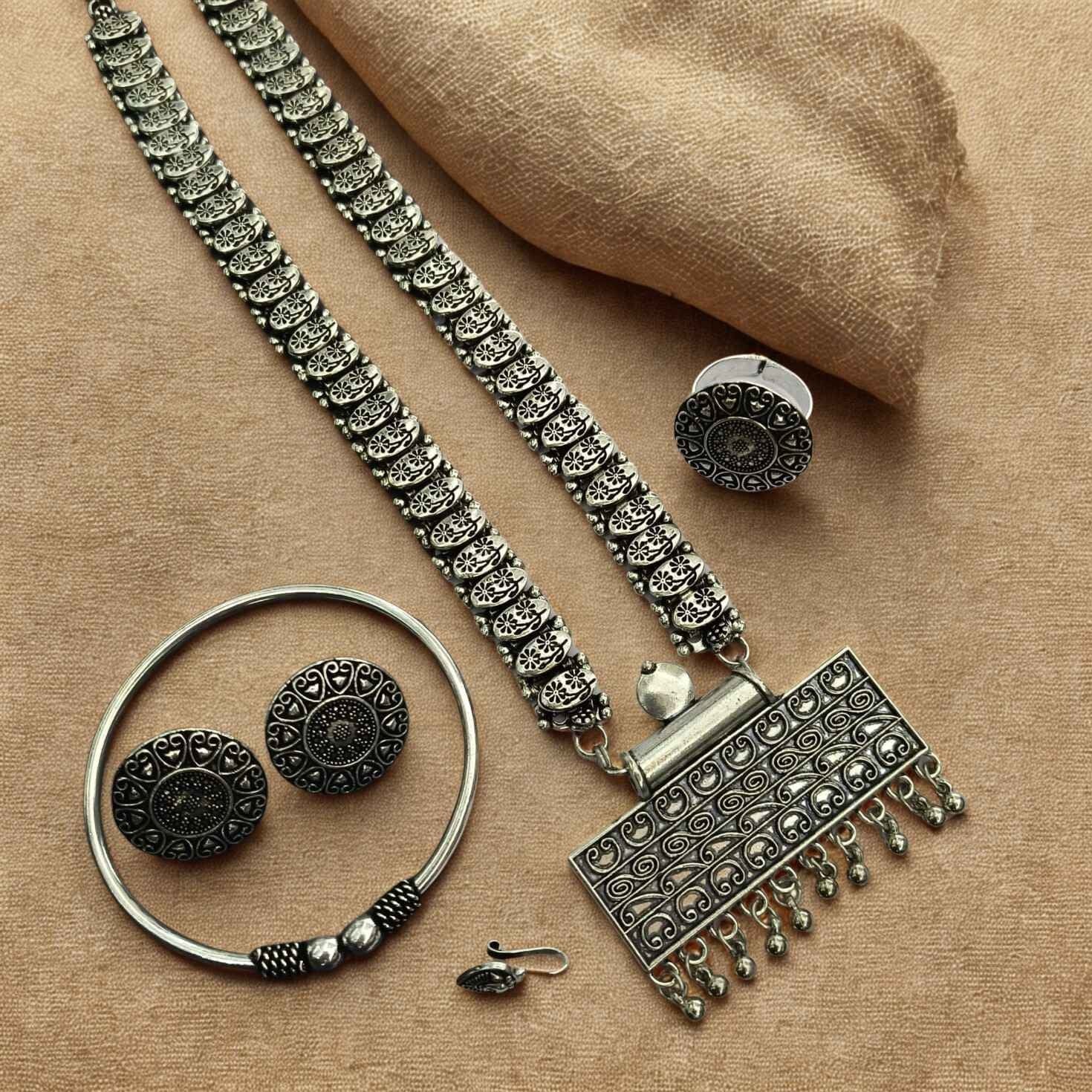 Antique Silver Long Oxidised Necklace Set with Ring & Kada