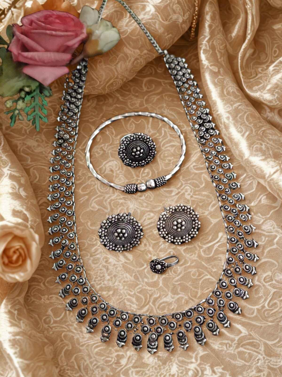 Antique Silver Floral Oxidised Necklace Set with Earrings & Kada