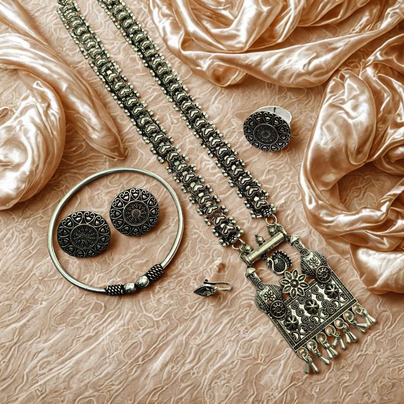 Vintage Oxidised Silver Long Necklace Set with Floral Pendant