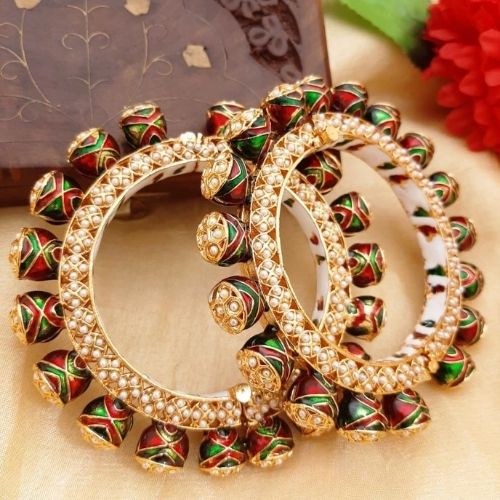 Festive Rajwadi Gold Plated Bangles with Red & Green Enamel Work
