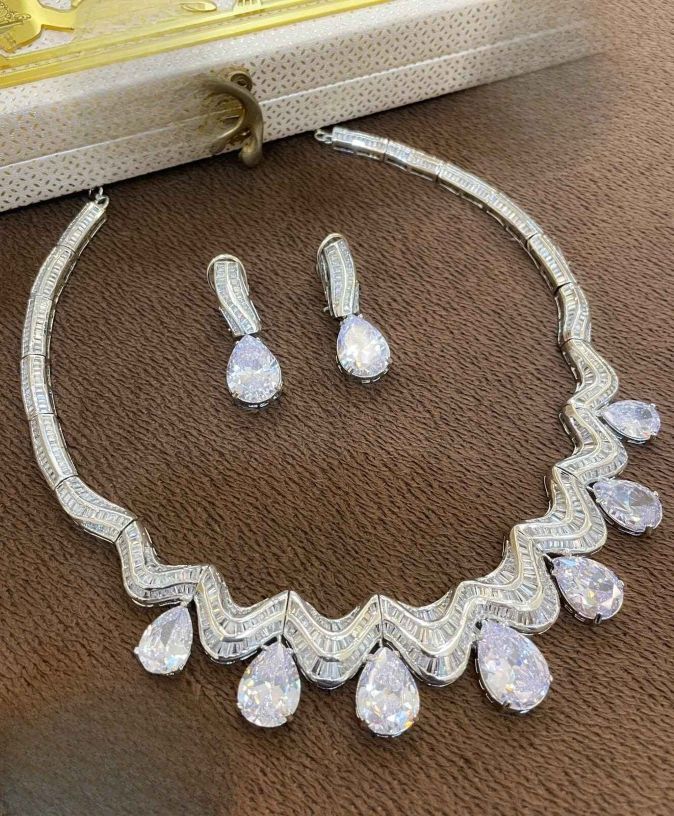 White Crystal Teardrop Bollywood Necklace Set