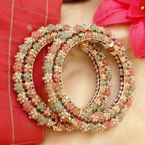Elegant Pastel Pearl Beaded Bangles for Women – Set of 2