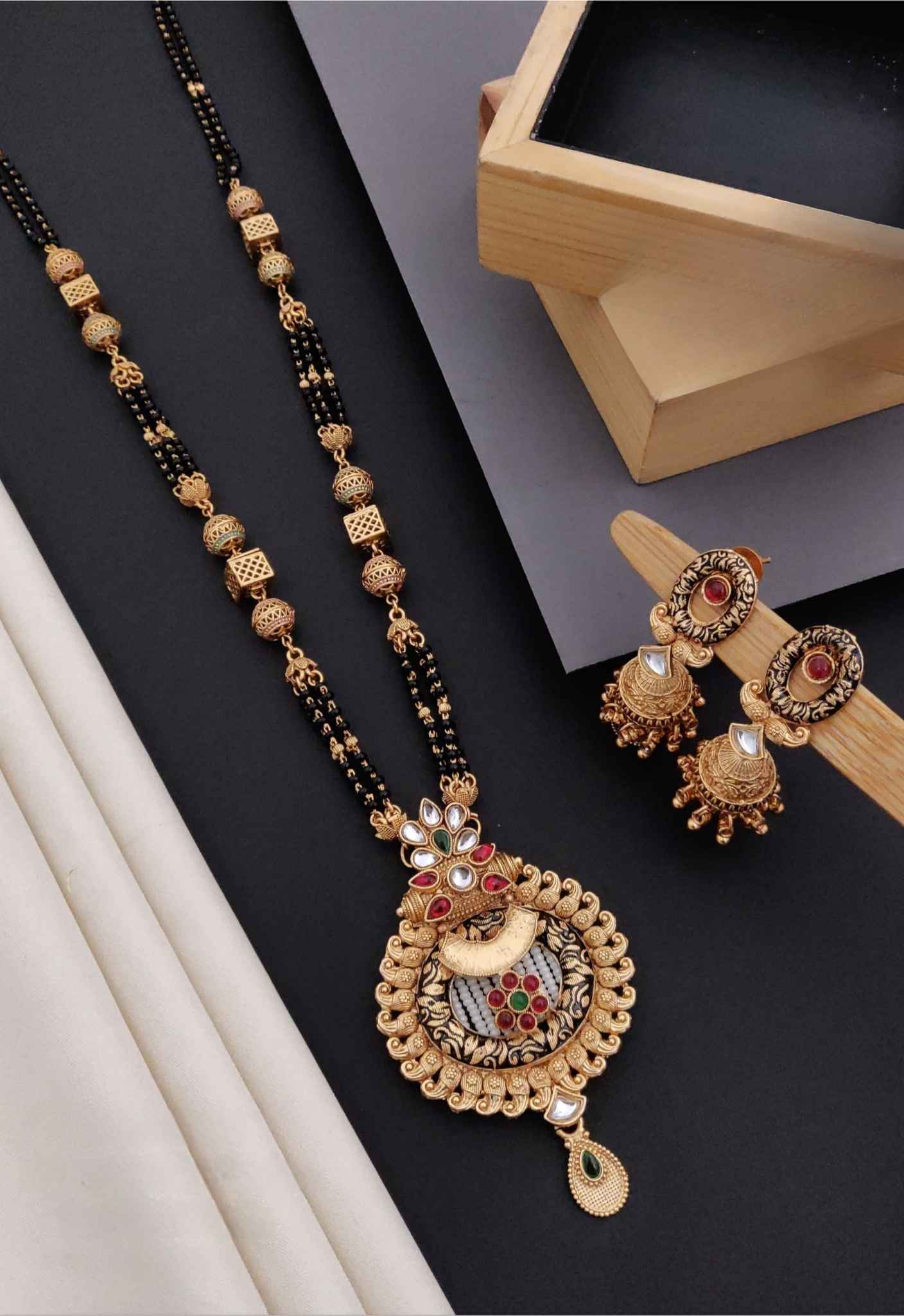 Antique Matte Gold Mangalsutra Set – Multi-Colour Stone, 30 Inch