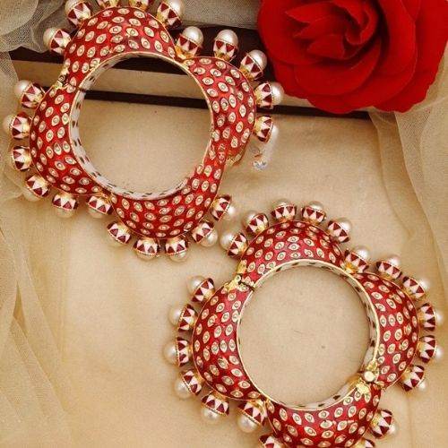 Red Pearl Studded Bridal Chura Bangles Set for Women - Jouell