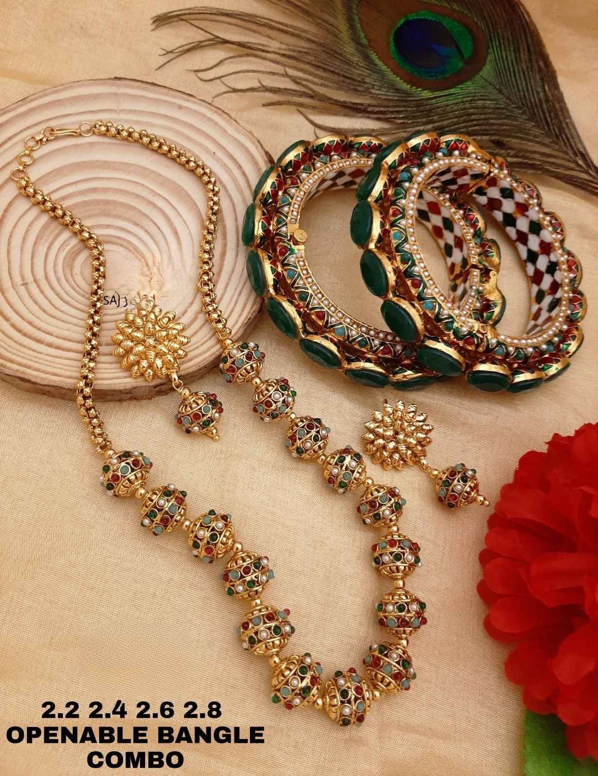 Gold Green Stone Openable Bangle & Necklace Jewellery Combo