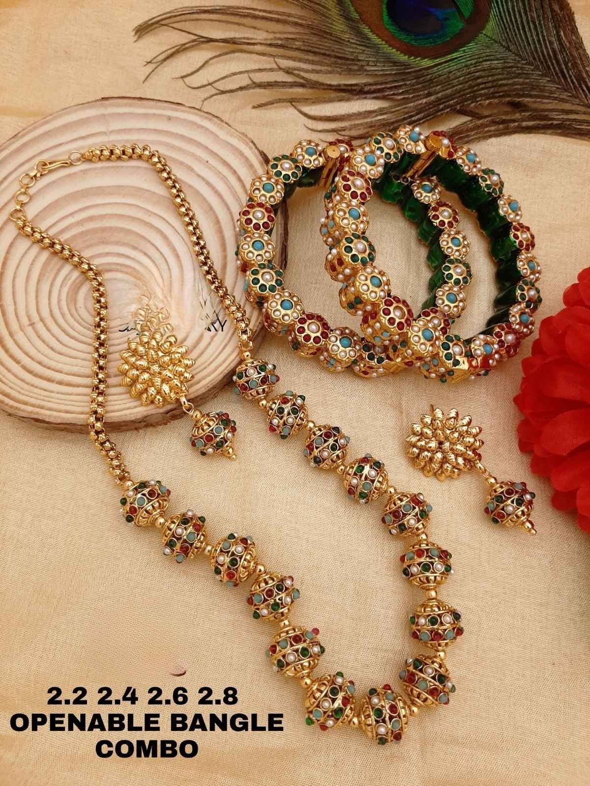 Multicolour Floral Stone Gold Jewellery Combo Set with Bangles
