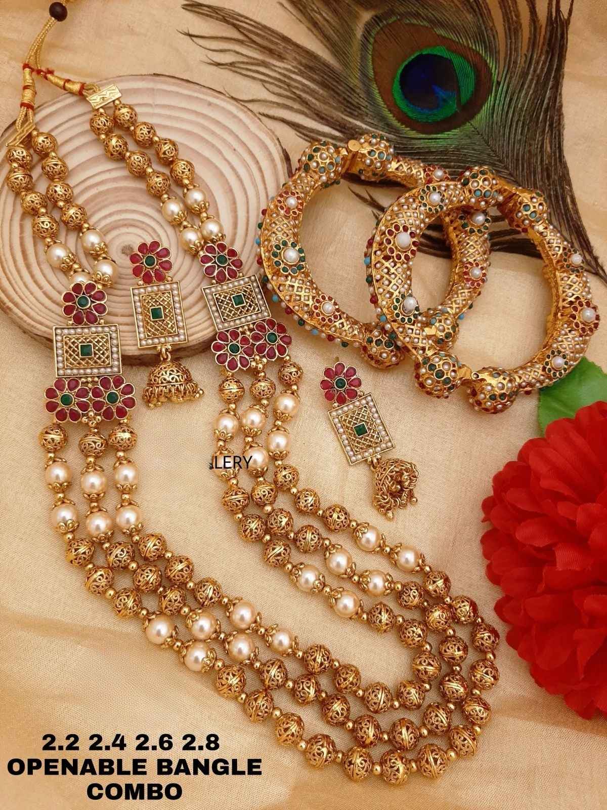 Gold & Pearl Designer Jewellery Set with Openable Bangles – Multi