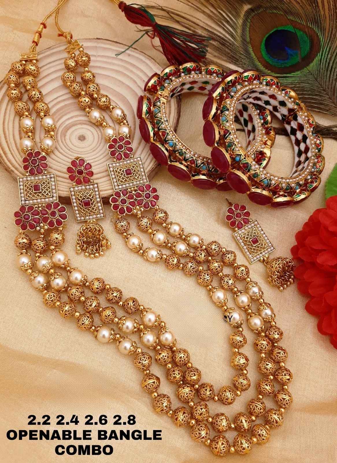 Gold-Plated Red Floral Jewellery Combo with Openable Bangles