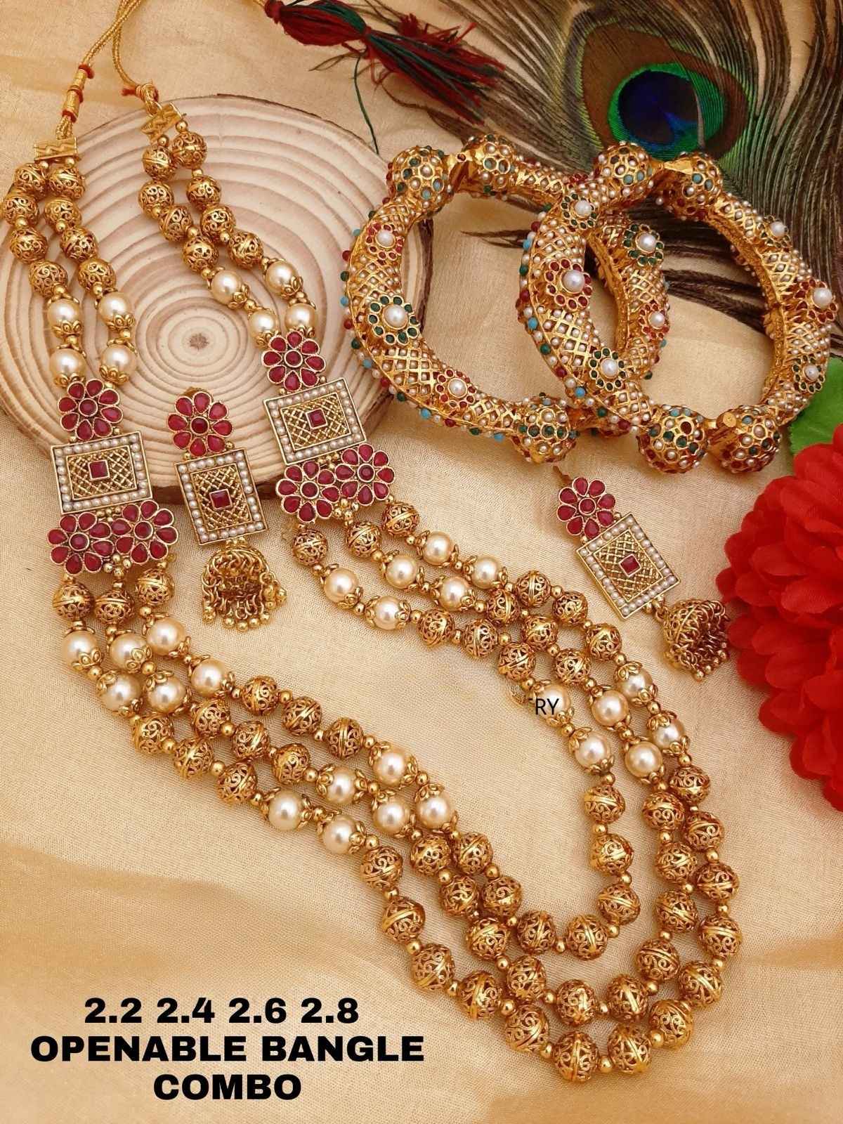 Golden & Ruby Red Pearl Beads Jewellery Set with Openable Bangles