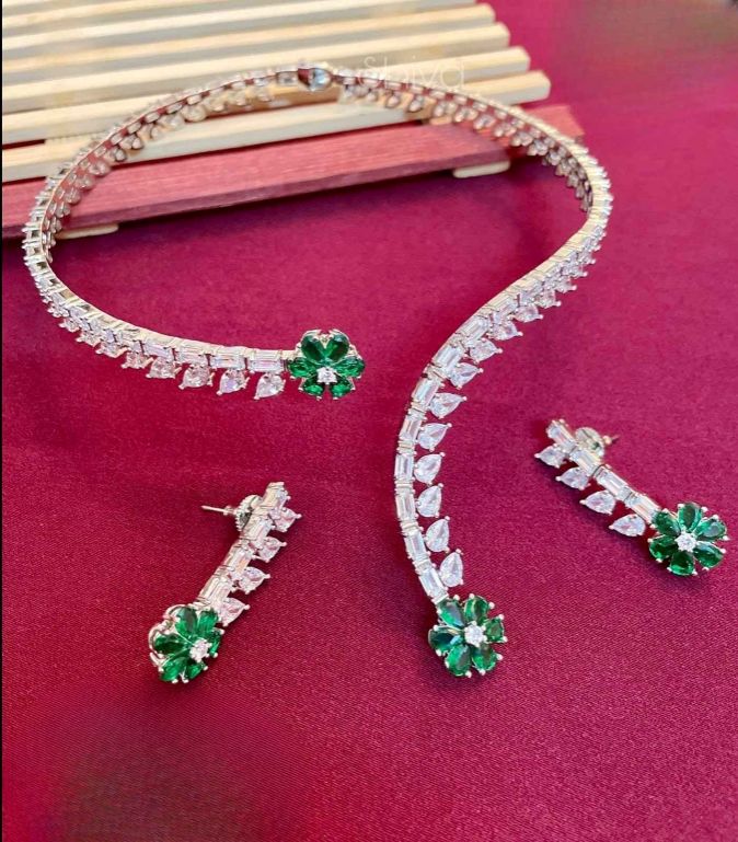 Emerald Green CZ Floral Necklace Set with Earrings

