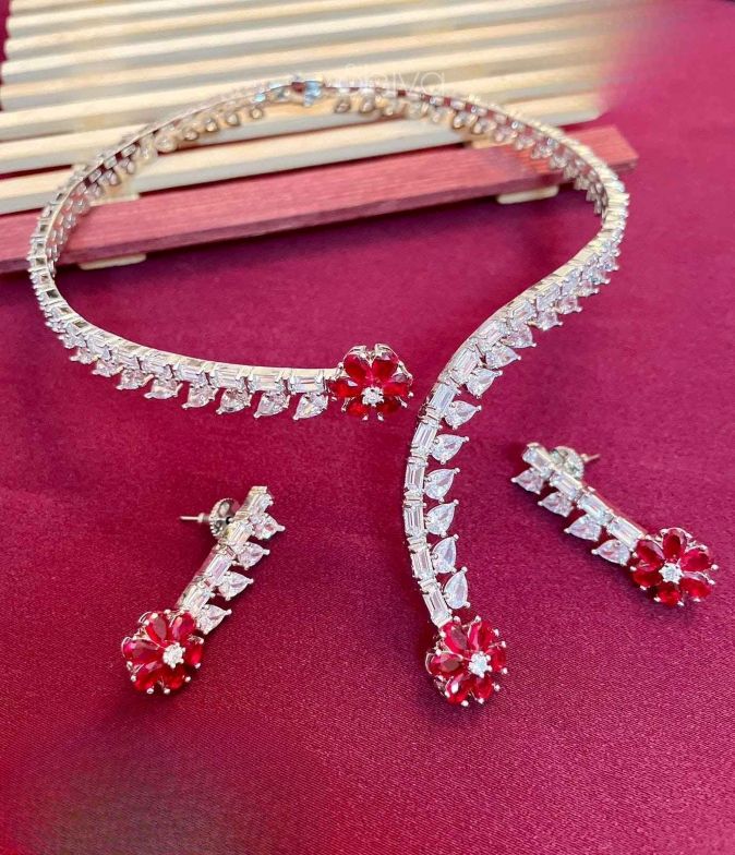 Floral Ruby Red CZ Designer Necklace Set with Earrings