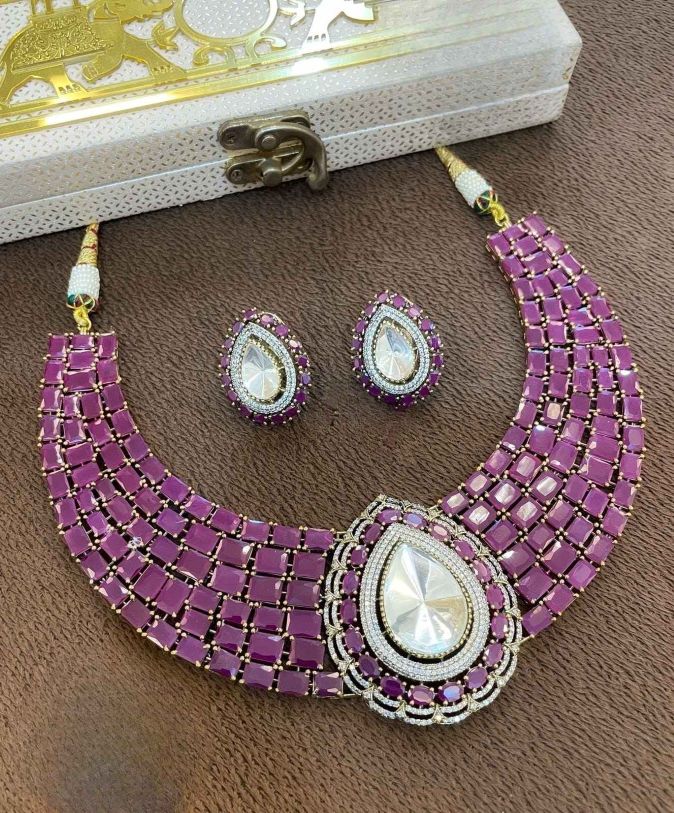Elegant Pink Choker Necklace Set with Teardrop Stone & Earrings