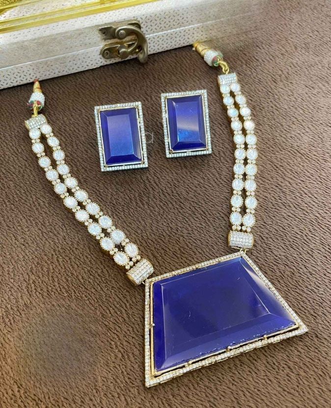 Royal Blue Doublet Stone Necklace Set with Diamond Accents