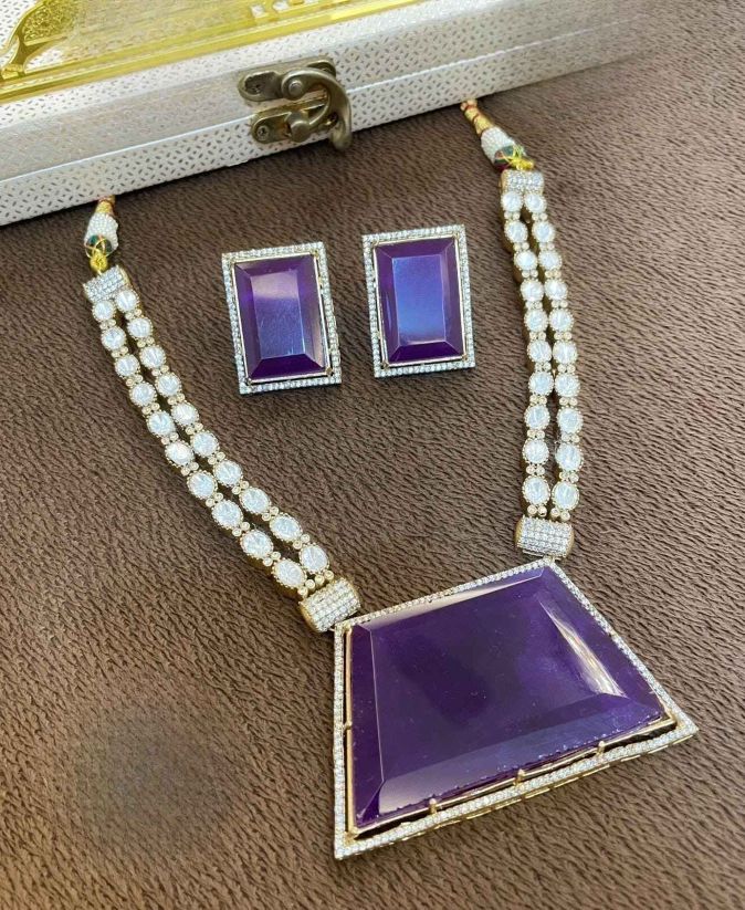 Regal Purple Doublet Stone Necklace Set with CZ Diamonds