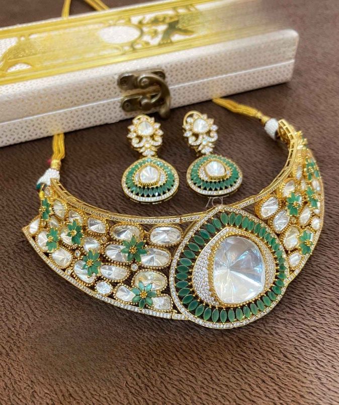 Green & White Designer Choker Necklace Set with CZ Stones