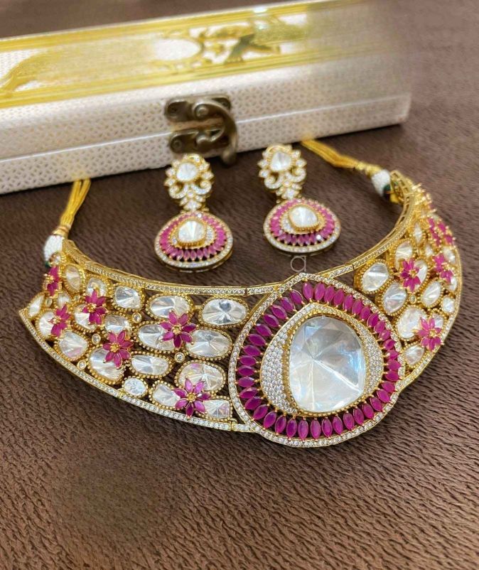 Pink & White Bridal CZ Choker Necklace Set with Floral Design