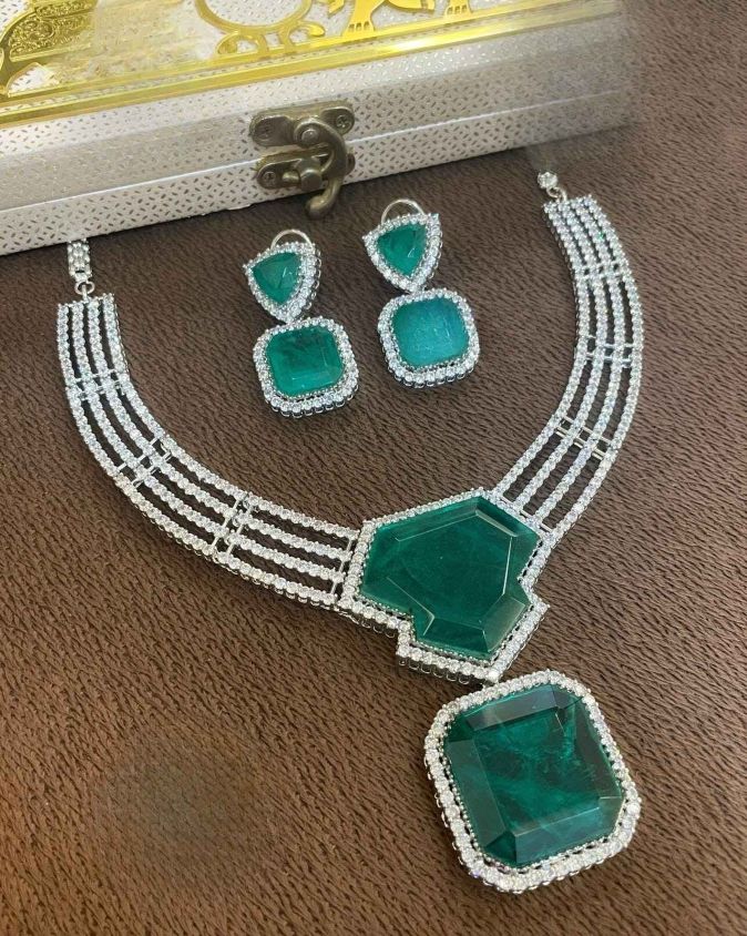 Emerald Green American Diamond Necklace Set
