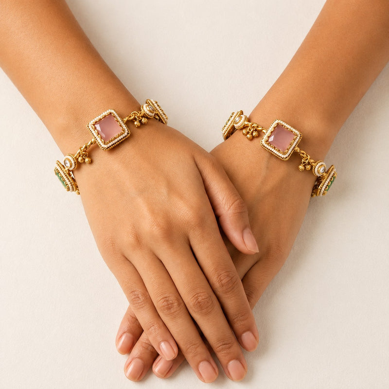 Gold-Tone Blush Pink Stone Designer Bangles