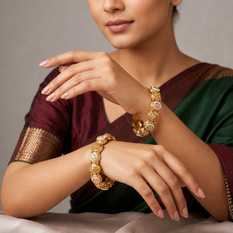 Gold-Tone Pastel Stone Designer Bangles