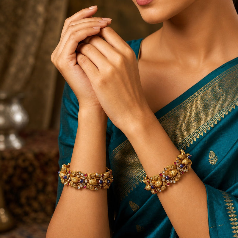 Gold-Tone Antique Floral Designer Bangles