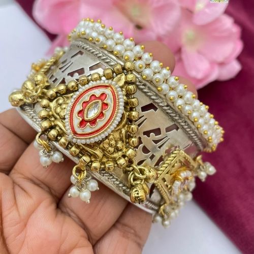 Silver-Gold Brass Kada Bracelet for Women with Red Enamel & Pearls